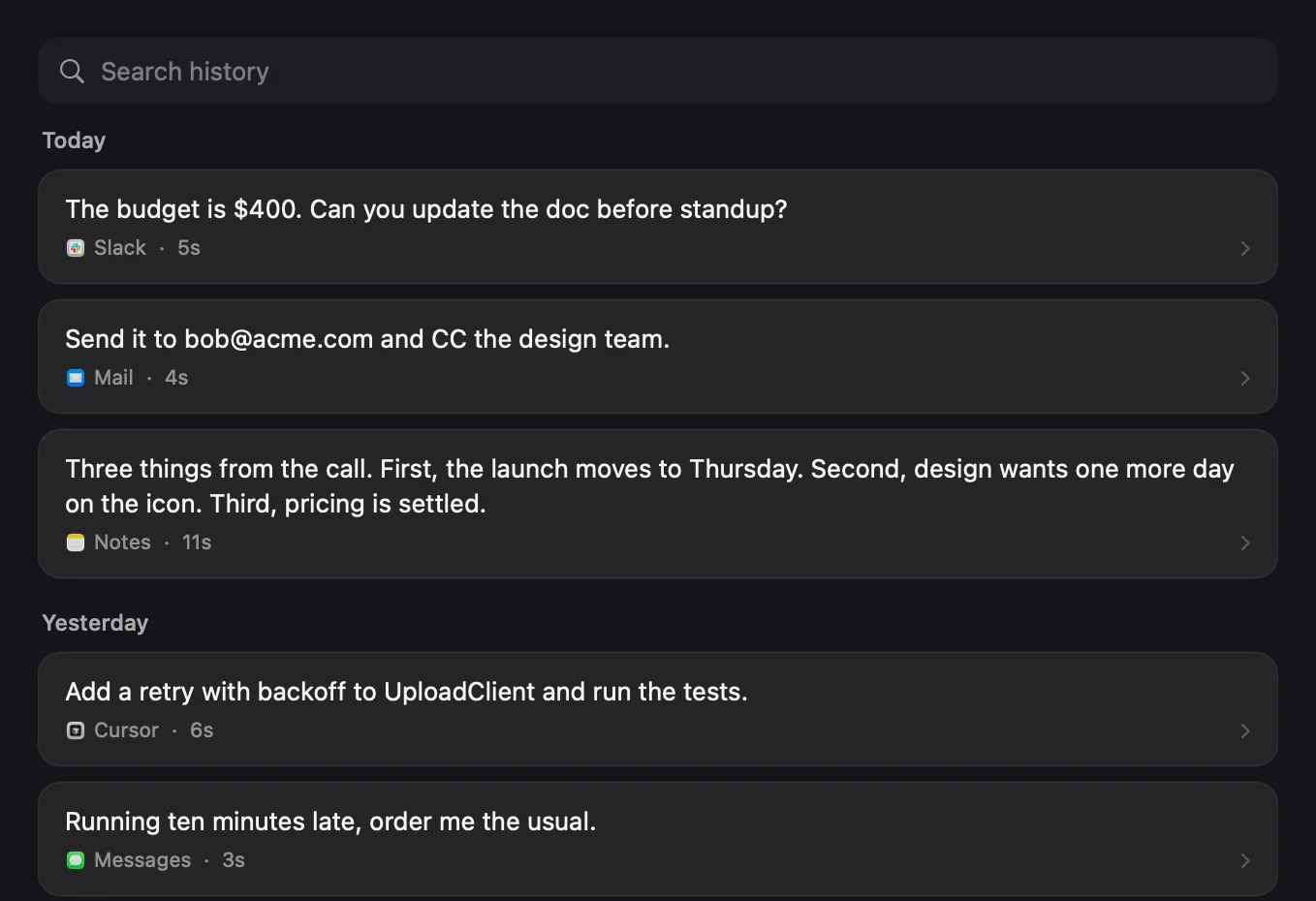 Flit history, listing recent dictations with the app each went into, such as Slack, Mail, Notes, Cursor and Messages