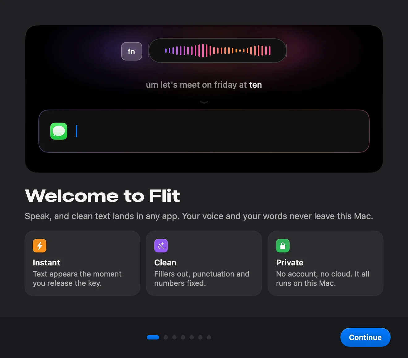 The Flit welcome screen, with a live transcript over a Messages field and three cards reading Instant, Clean and Private