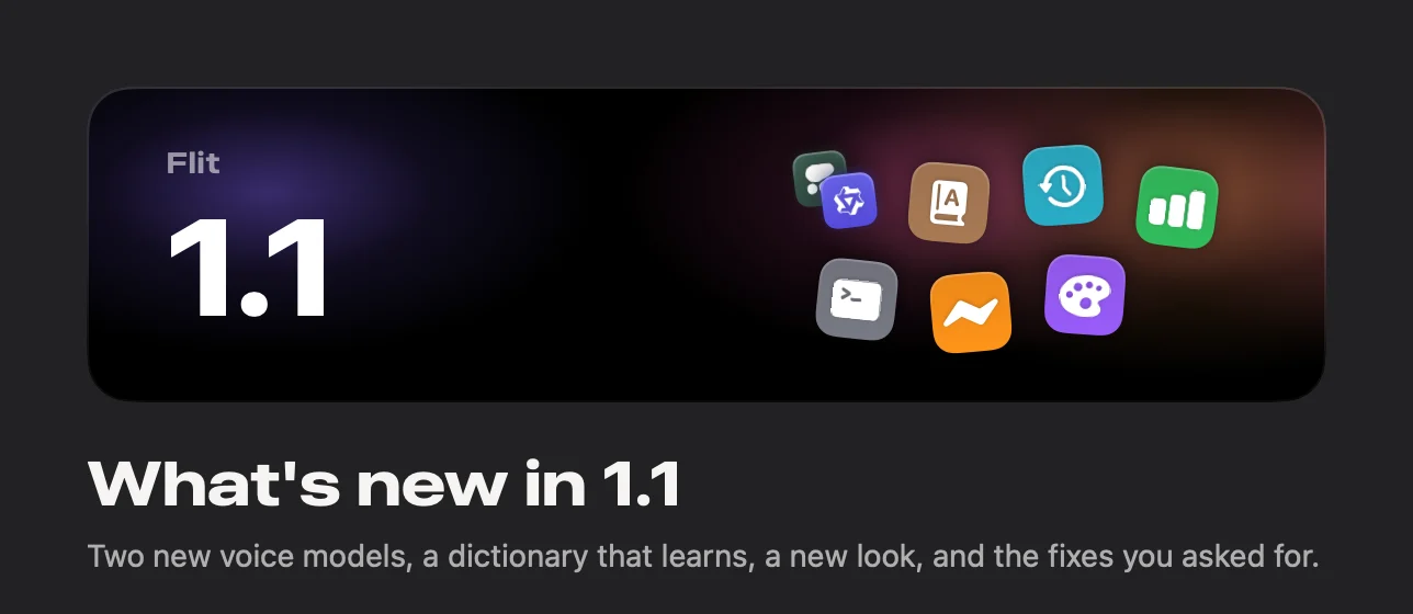 The What's new in 1.1 window in Flit, with a 1.1 banner and the new feature icons