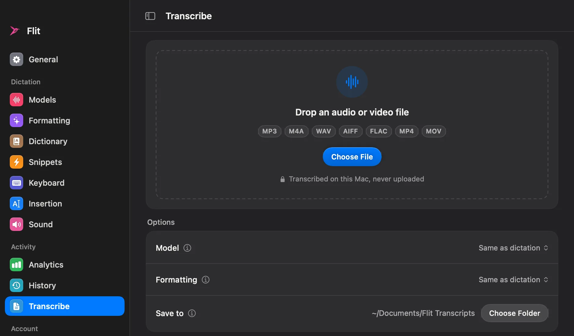 The Transcribe tab in Flit settings, with a drop zone that reads Drop an audio or video file, badges for MP3, M4A, WAV, AIFF, FLAC, MP4 and MOV, and options for the model, formatting and save folder