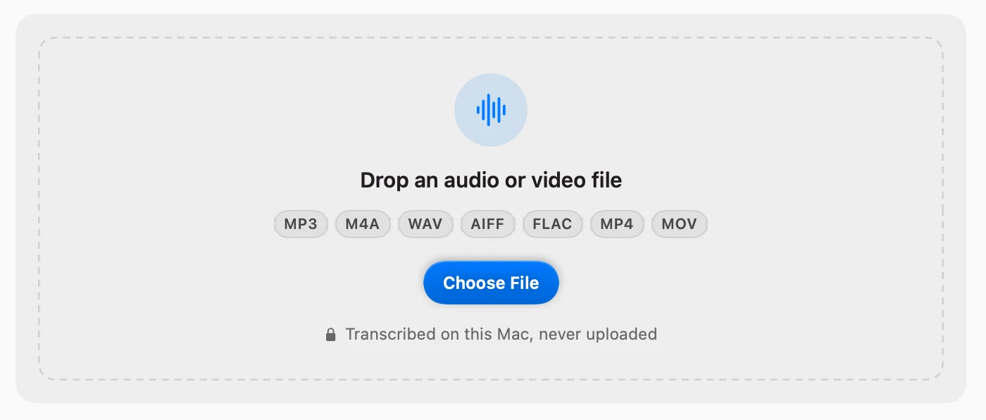 The Transcribe tab in Flit settings: a drop zone that reads Drop an audio or video file, the formats it takes, and a Choose File button