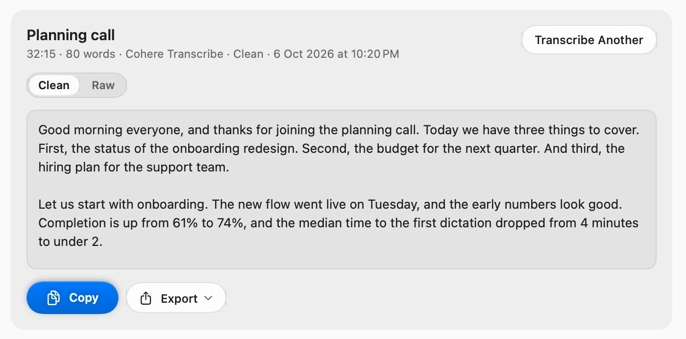 A finished transcript: Planning call, 32:15, 80 words, Cohere Transcribe, Clean, a switch between Clean and Raw, the text in two paragraphs, and Copy and Export buttons