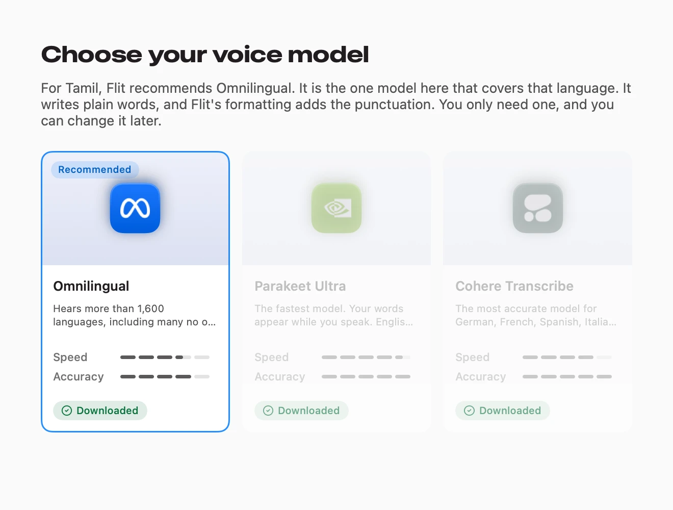 The voice model step of Flit setup for someone who speaks Tamil: Omnilingual marked Recommended, with the reason that it is the one model that covers Tamil, beside Parakeet Ultra and Cohere Transcribe